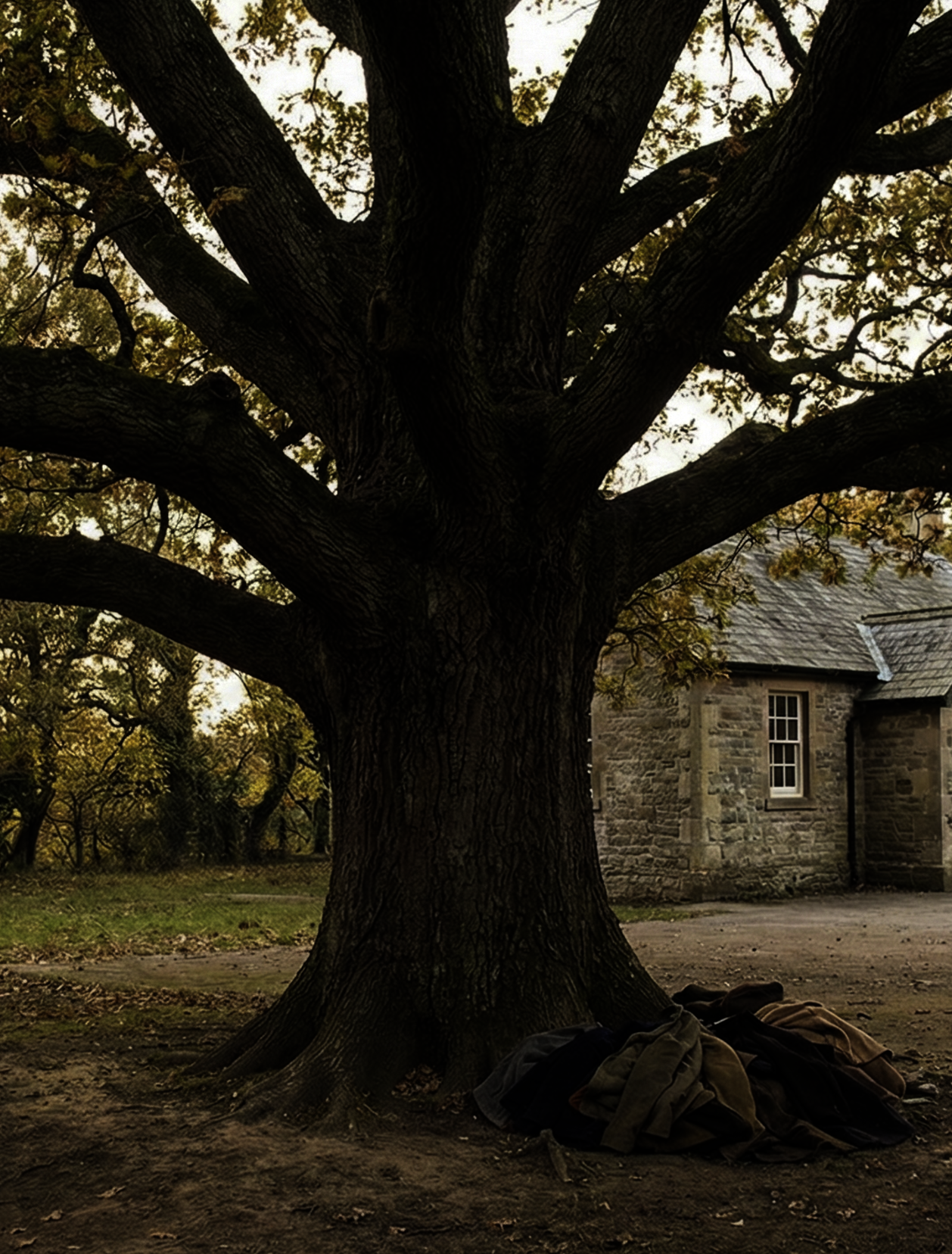 Un grand chêne solitaire dans une cour d'école